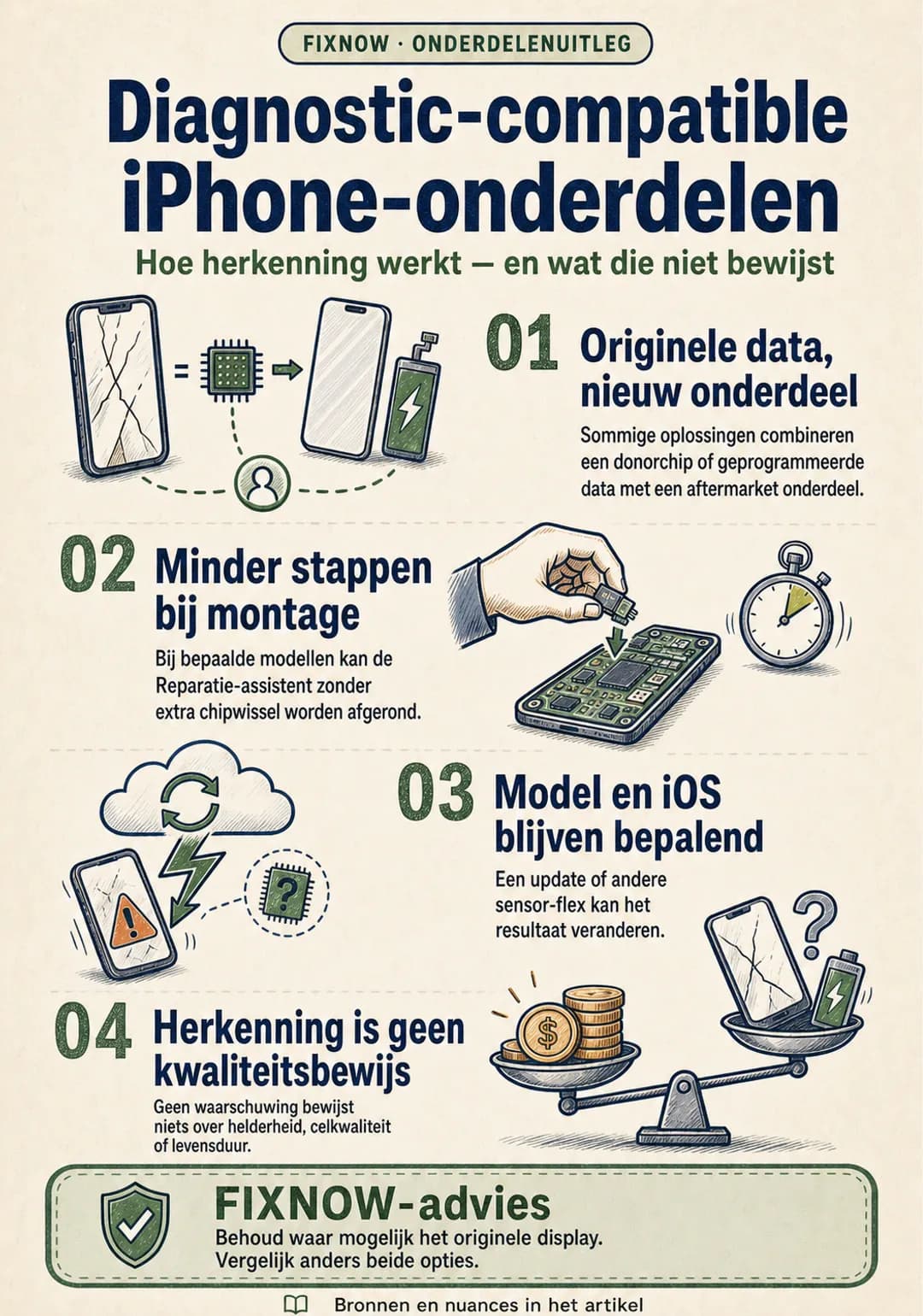 FIXNOW-infographic over diagnostic-compatible iPhone-onderdelen: hybride opbouw, minder montagestappen, afhankelijkheid van model en iOS, en waarom herkenning geen kwaliteitsbewijs is.
