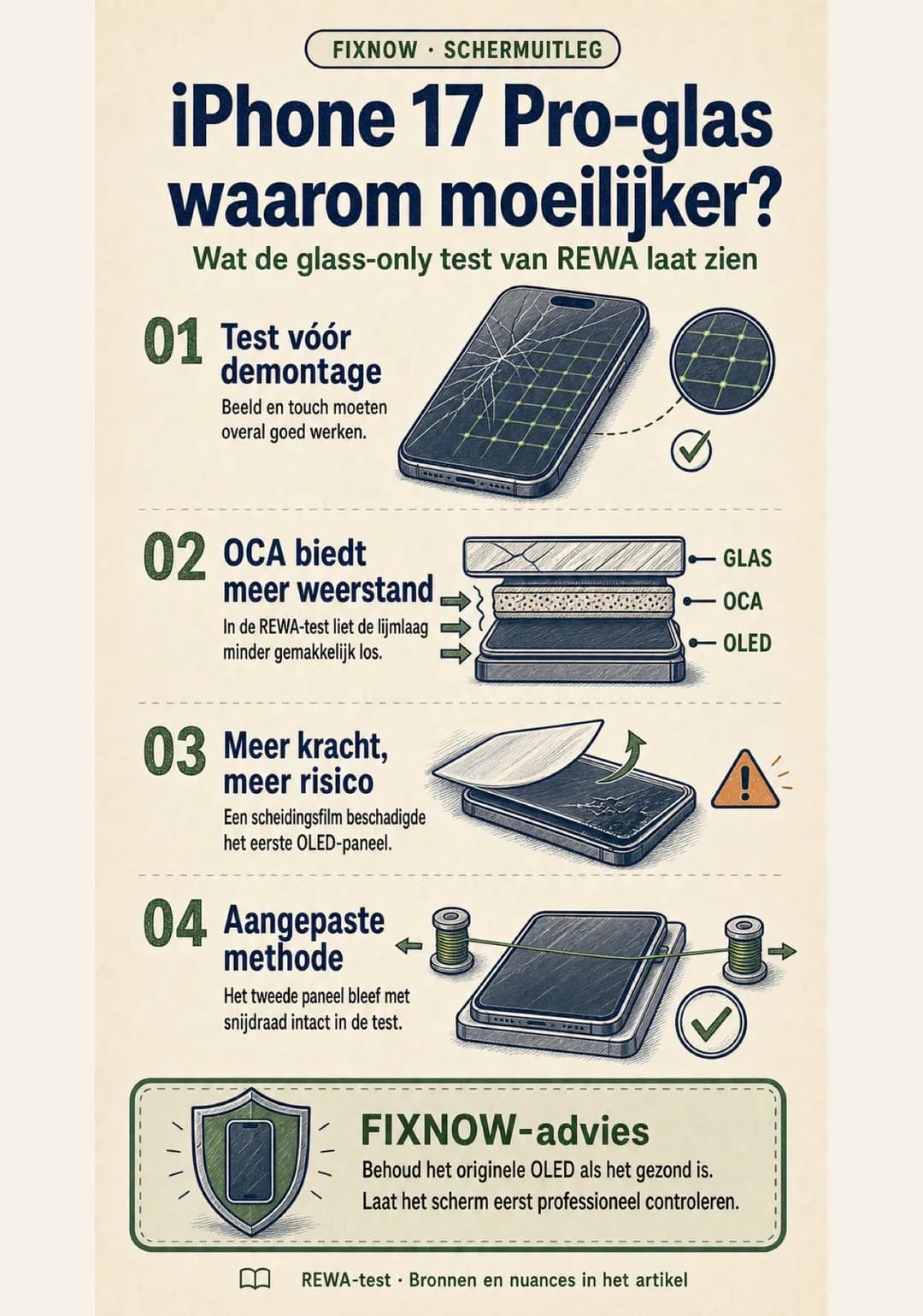 FIXNOW-infographic over glass-only repair bij de iPhone 17 Pro: schermtest, OCA-weerstand, risico voor het OLED en de aangepaste scheidingsmethode.
